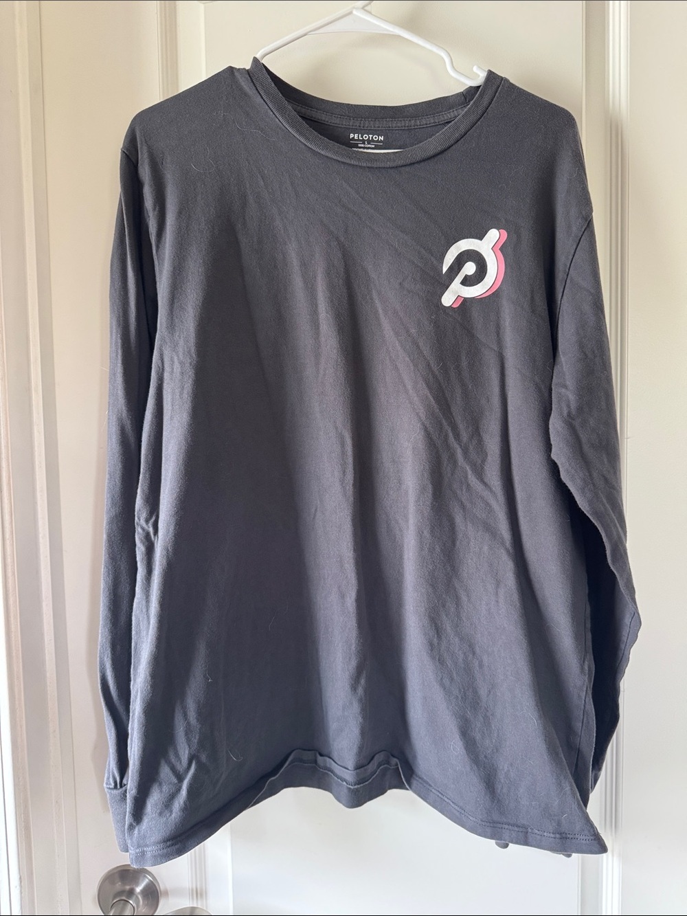 Peloton Long Sleeve Tee in Charcoal with White & Pink Logo / W38